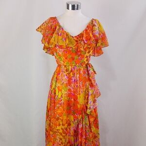 Nina Raynor Floral Ruffle Dress in Vibrant Orange and Pink
